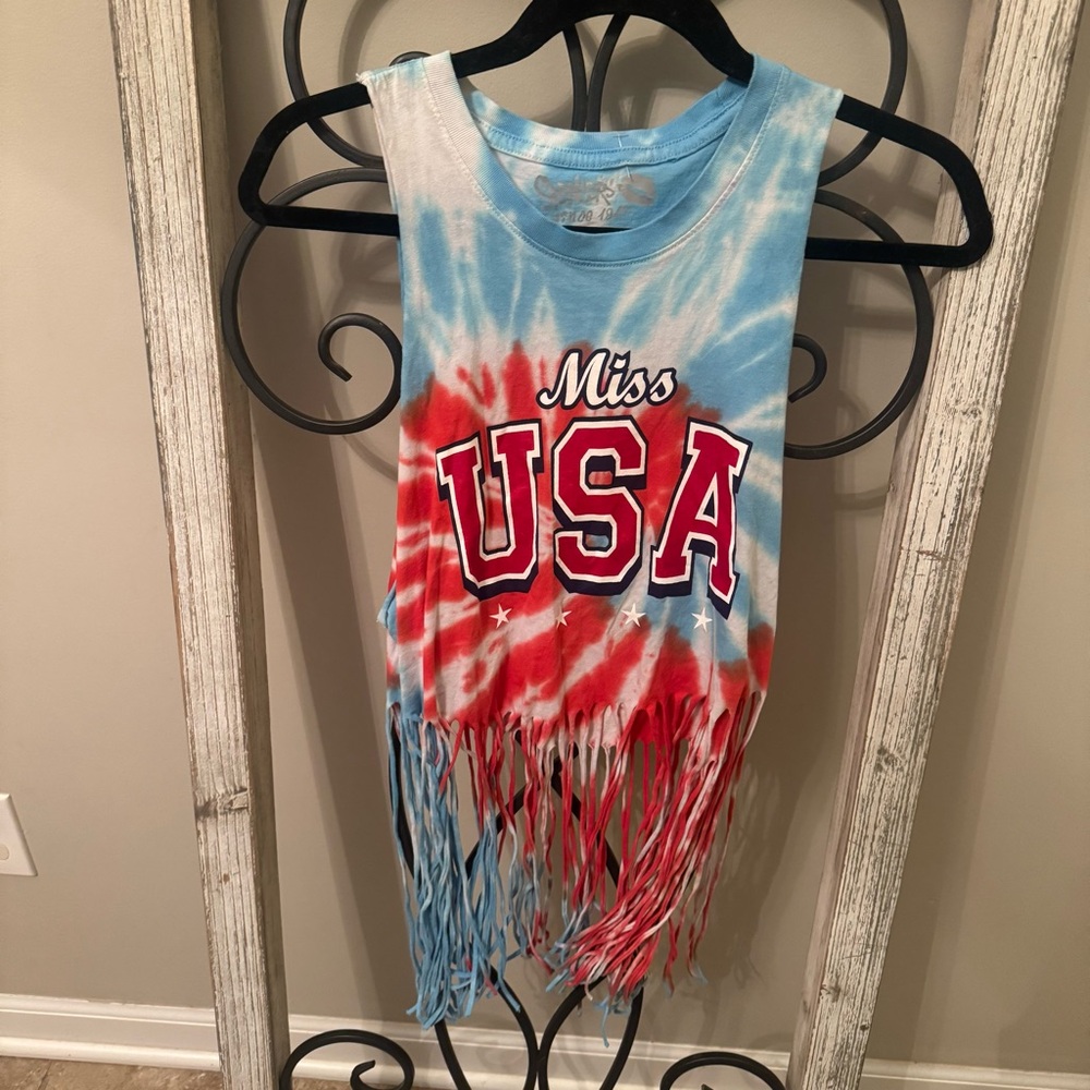 Spencer's Miss USA Hate Me Red and White Tie Dye‎ Fringe Tank Top Size Large